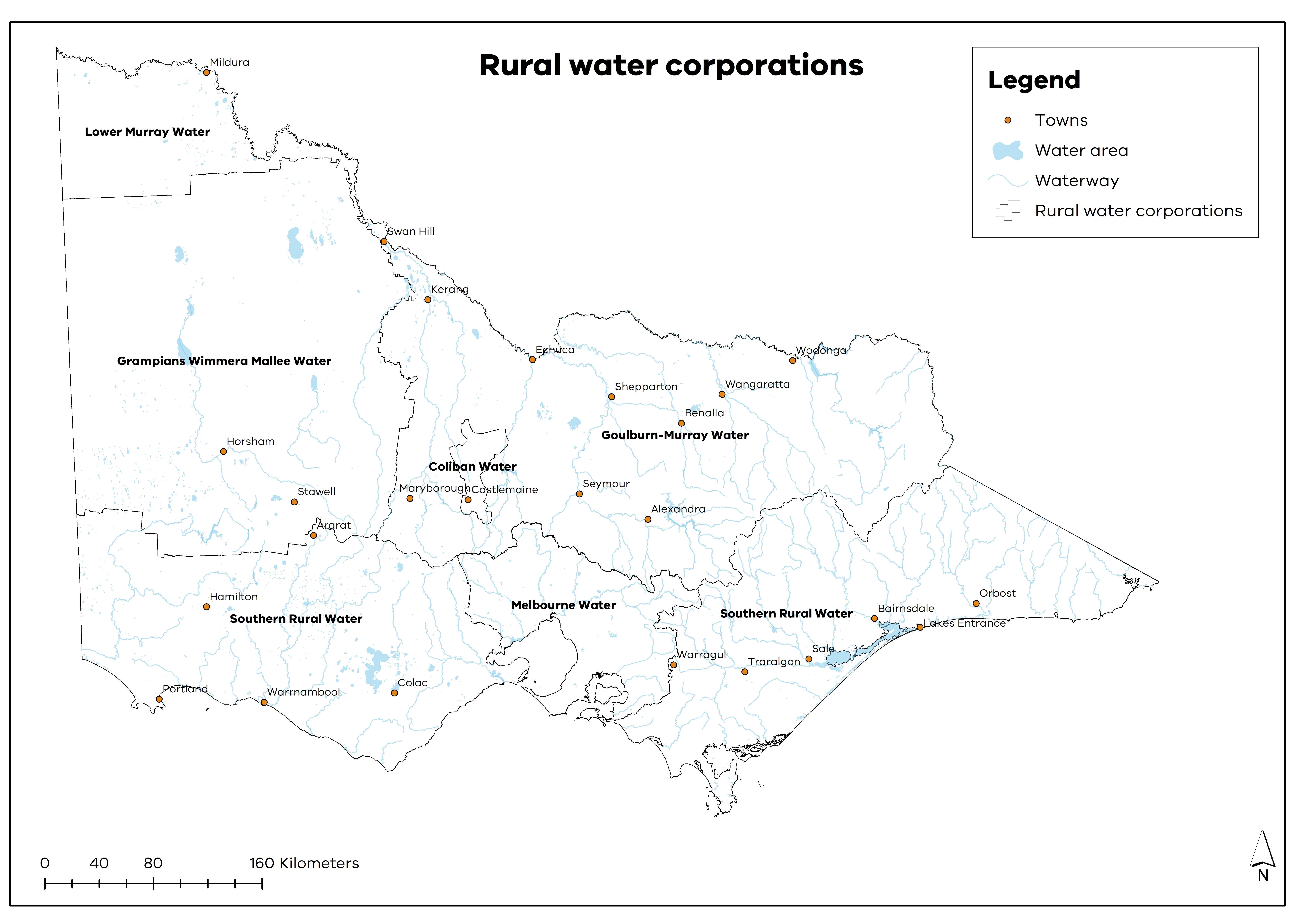 Map of Victoria showing the rural water corporation boundaries.
